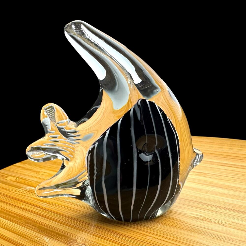 Art Glass Fish Hand Blown Angelfish Figurine Black White Stripes Solid Decor